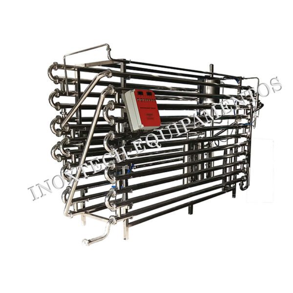 Pasteurizador Tubular para produtos líquidos e pastosos. Pasteurizador fabricado totalmente em aço inox para pasteurização de sucos, polpa de frutas, molhos e outros